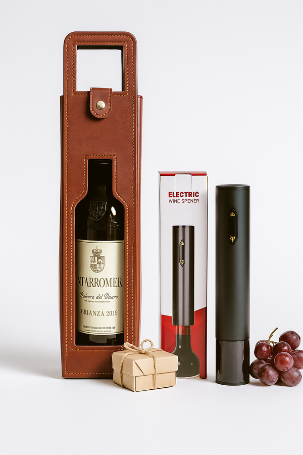 Vino Pack 2x1 Bolsa Leather + Abre Vinos Electrico